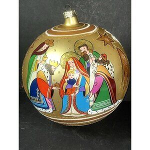 Vintage Large Christmas Ornament Nativity Scene Hand Painted Glass Glitter 5"
